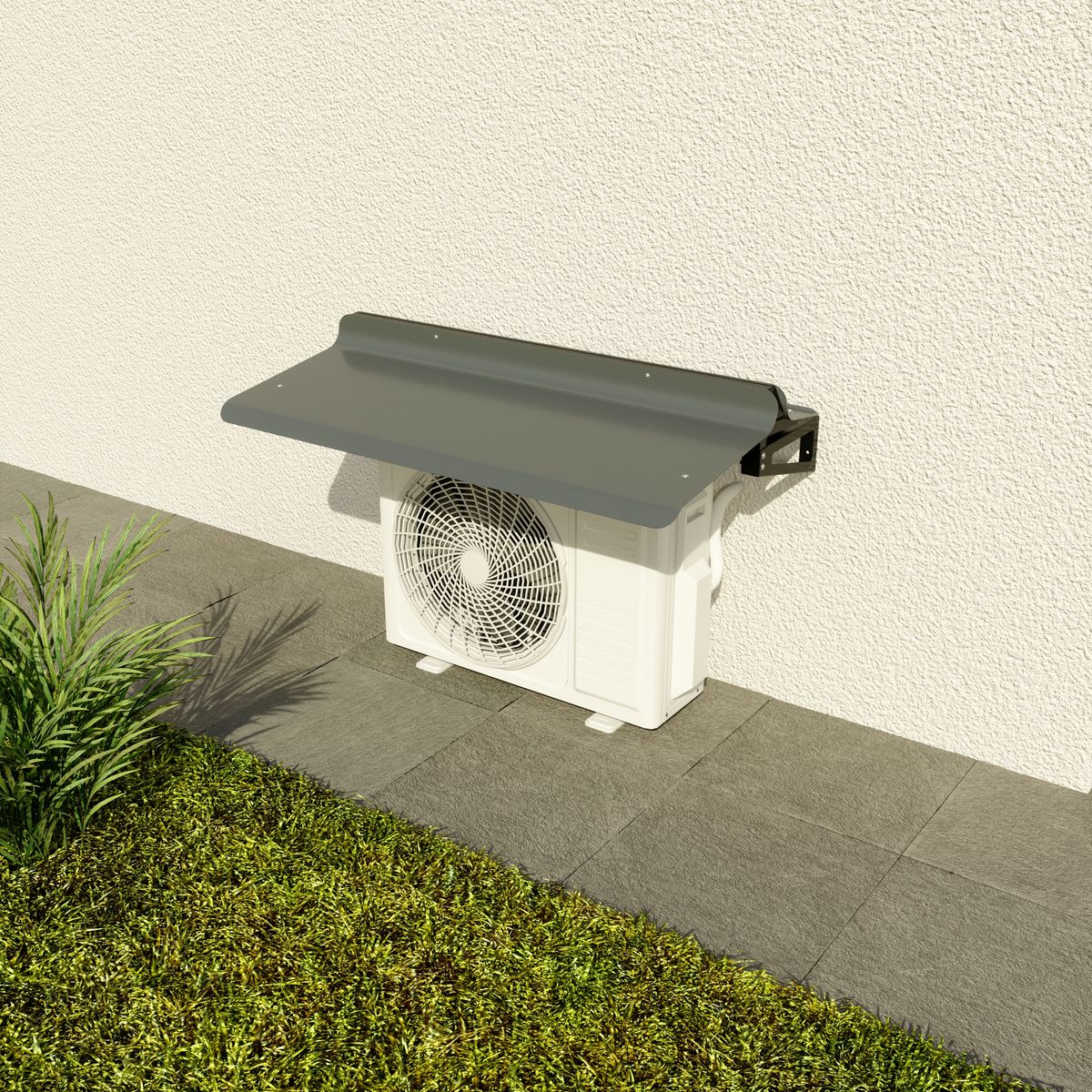 Outdoor AC condenser unit mounted on exterior wall with remote control
