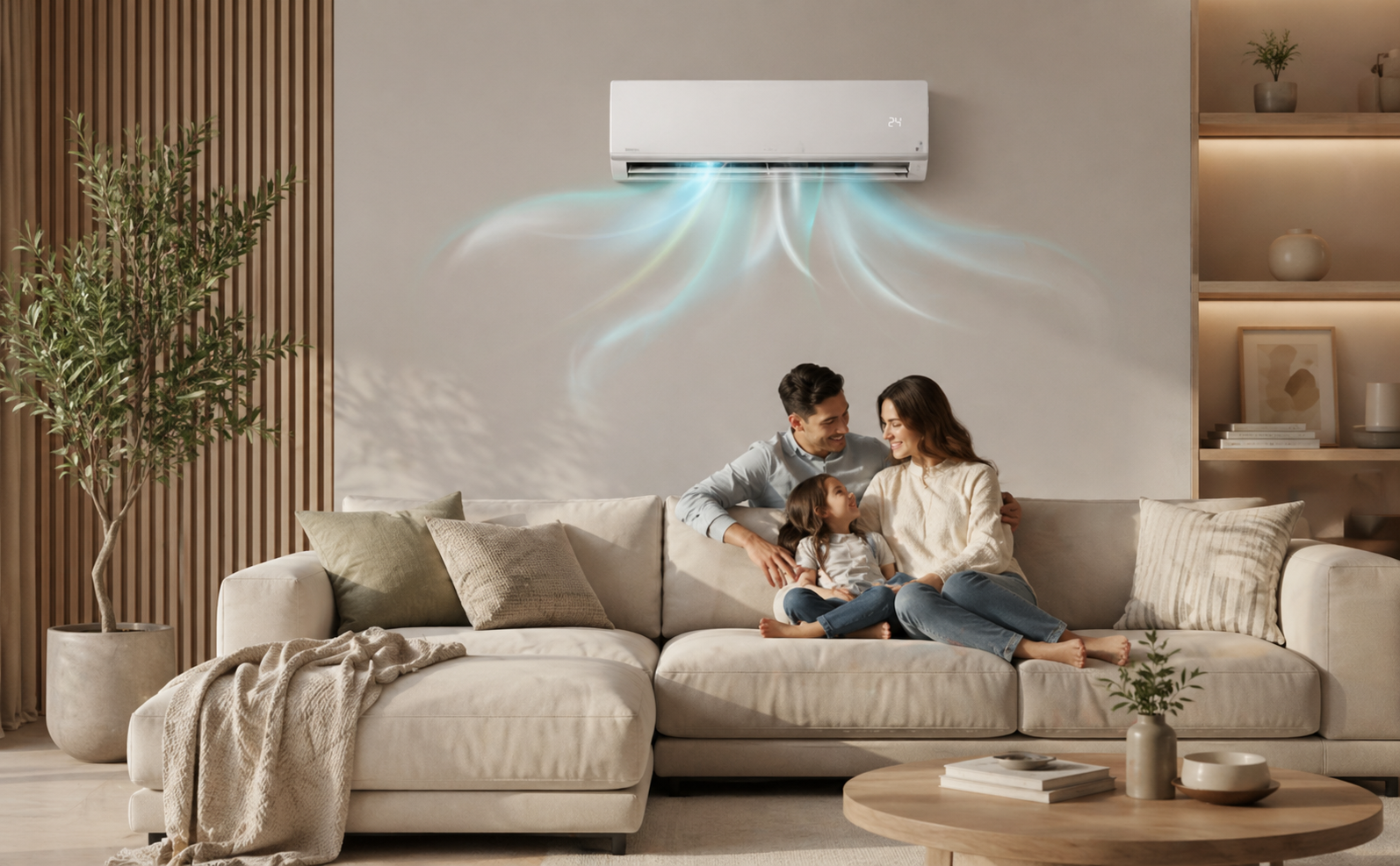 Family enjoying cool air from indoor wall-mounted split system AC